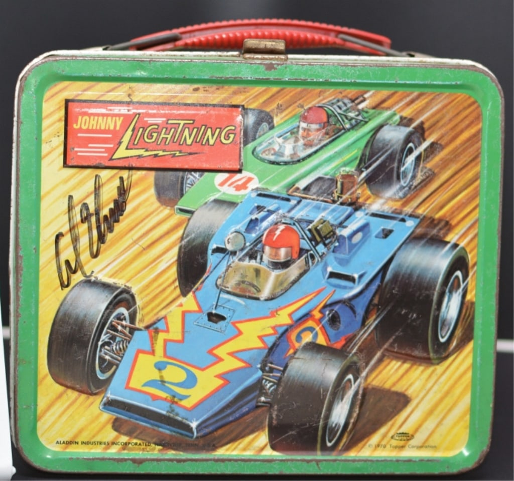 1970 Johnny Lightning Lunch Box Aladdin autographed by Al Unser no thermos w/ Indy car graphics