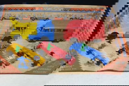 Gay Toy Co. 500 Play Set 3 plastic race cars,  wrecker, &  VW bus ambulance in original box  #788