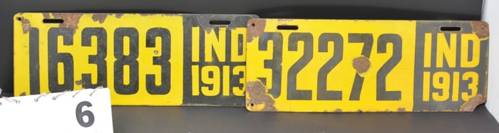 Two 1913 Indiana License Plates porcelain.  Plate 1  is 32272 IND over 1913 some rust  bottom right