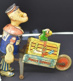 Popeye Tin Wind Up Toy  litho tin "Popeye  Express"  good condition graphics are clear  8" x 8" x 3"