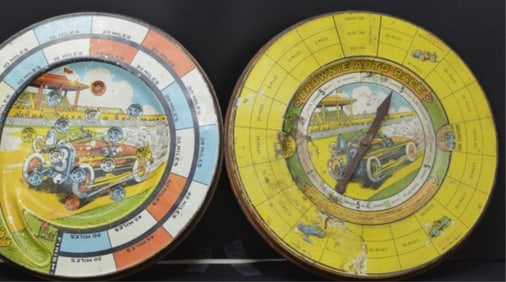 Two Brownie Auto Race Tin  Litho Toys: Tin  marble race  game lithographic on tin of race  cars,