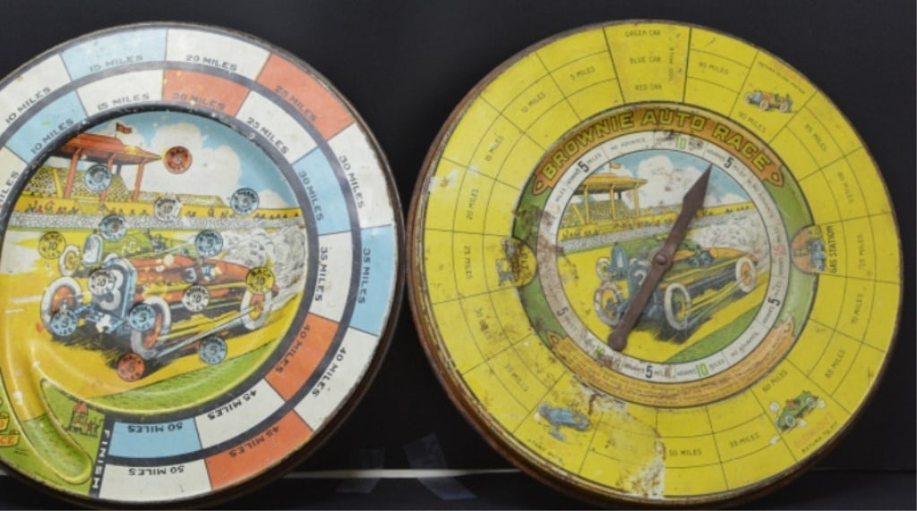 Two Brownie Auto Race Tin  Litho Toys: Tin  marble race  game lithographic on tin of race  cars, (1 of 5)
