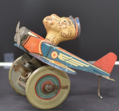 Tin Wind Up Litho Popeye The Pilot airplane,   Popeye w/ pipe, in working condition 7" x 6"  x 8" (1 of 5)