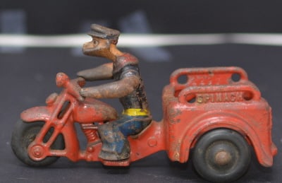 Cast Iron Popeye 3 Wheel Red Motorcycle cargo  box  marked Spinach, stamped Made in USA. 6"  x 3" x
