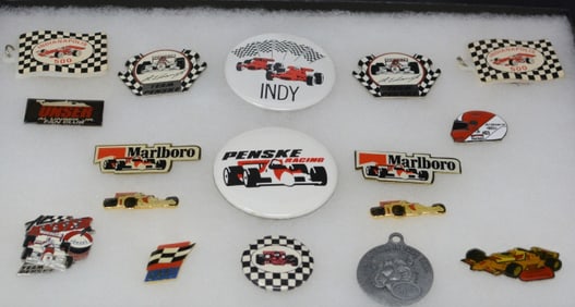 Group of  Indy 500 Pins & Key Chains 17  pieces  including Al Unser, Jr. Fan Club pin,  2 Marlboro