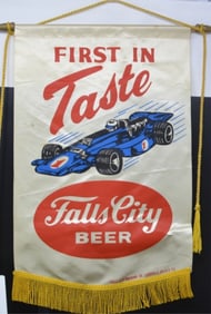1970's Falls City Beer Hanging Advertising  Banner  satin banner First In Taste w/ blue  race car w/