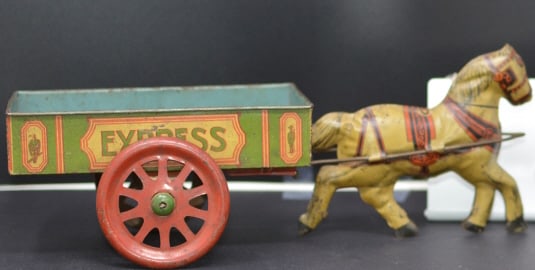 Litho Tin Jackal Express Toy  horse & cart  nice  graphics, cart has eagles & WWI soldier    12" x