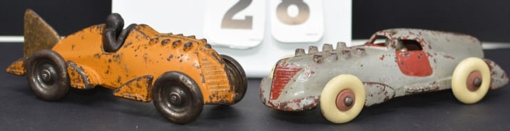 Two Hubley Boat Tail Racers: one is cast iron   orange w/ boat tail racer driver open  cockpit 7" x (1 of 7)
