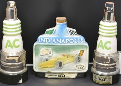 3 Jim Beam Decanters : Two are AC Spark Plugs  13"  x 4" , One is 1970 Indy 500 54th Year.  All