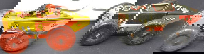 Two Marxs Tin Litho Wind Up Racers : #3 is   missing the drivers is black, red, & white;  one is  #4