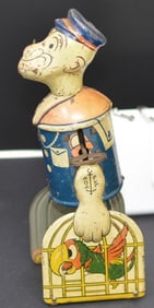 Popeye Tin Litho Wind Up Toy Popeye w/ parrot   cages  3" x 9" x 3"