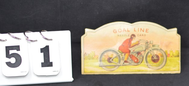 1920's Advertising Needle Card Goal Line Needle Card w/gentleman racing an early motorcycle on: 1920's Advertising Needle Card Goal Line Needle Card w/gentleman racing an early motorcycle on one side & futurist race car w/ driver on other side. Great graphics. 6.5" x 3.5