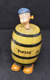 Tin Walking Popeye Chein Toys Popeye in a  barrel  7" x  3"
