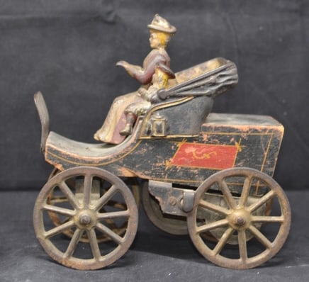 Wonderful DP Clark 1890's Hill Climber Sedan,  wood body w/  cast iron canopy, wheel, lady  driver & (1 of 5)