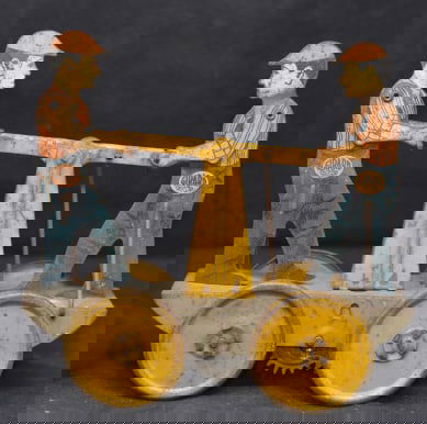 Girard Tin Toy Two man hand car wind up toy  original  litho, works. 6" x 6" x 3" (1 of 4)