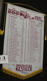 1977 Indianapolis 500 Hanging Banner  Advertising  Kessler Whiskey Lawrenceburg,  Indiana satin