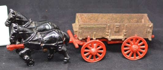 Cast Iron McCormick Deering Farm Wagon horses  &  running gear has been repainted,  wagon  box in