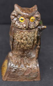 Owl Cast Iron Mechanical Bank J & E Stevens, Owl turns head mechanical bank original paint & (1 of 5)