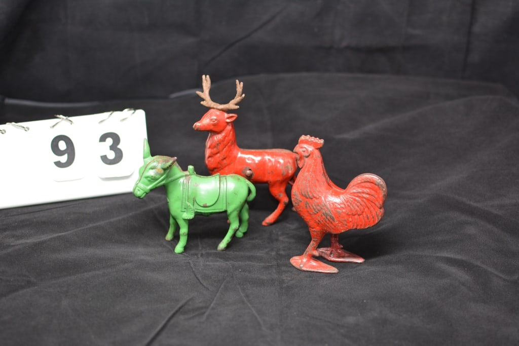 Three Cast Iron Painted Banks: Red Rooster,  Green  saddled donkey, red stag deer  4" x 7"  x 2" (1 of 10)