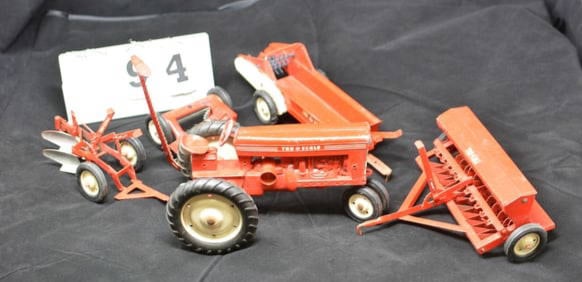 Five Pc Tru-Scale Farm Toy Set: tractor, two   bottom plow, sickle bar mower, manure  spreader,