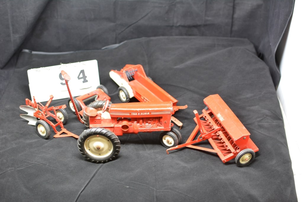 Five Pc Tru-Scale Farm Toy Set: tractor, two   bottom plow, sickle bar mower, manure  spreader, (1 of 14)
