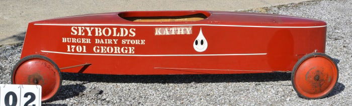 Vintage Soapbox Derby Car fiberglass body,  steel  rubber line wheels, has extra set of  hard