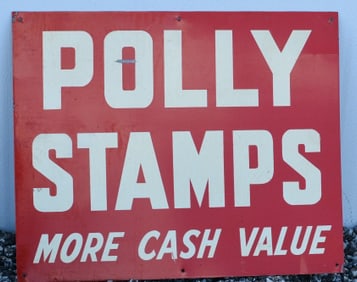 Metal Polly filling station trade stamp sign  red  w/white lettering single sided.  Scratched across