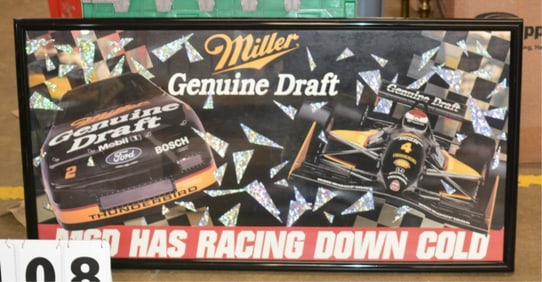 Miller Genuine Draft Advertising Sign,  Has  Racing Down Cold, a  large sign w/ NASCAR &  Indy Car