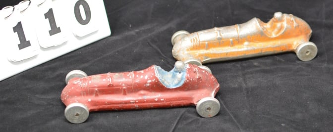 Two Cast Aluminum Playmate Boat Tail Racers  1940's  #3 race made in Peru, Indiana one red  & white,