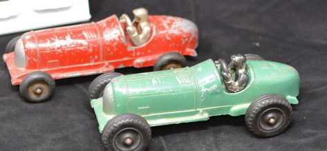 Two 1940's Aluminum Body w/ C/I Driver Race  Cars  made by Kiddie Toys made by Hubley one  green,