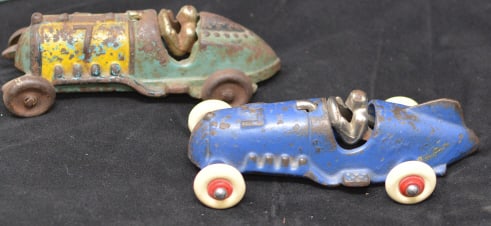 Two Hubley Cast Aluminum Boat Tail Racers  marked  Hubley one is green & yellow c/i race  car w/ (1 of 11)