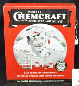 1950's Porter Chemcraft Chemistry Lab No. 608  in  hinged metal case has booklets, test  tubes,