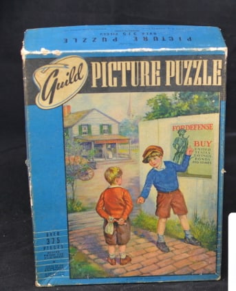 Guild Picture Puzzle Series S 1940's  picture of two boys & war bond poster. 10" x 7.5"  x 2.5" (1 of 4)