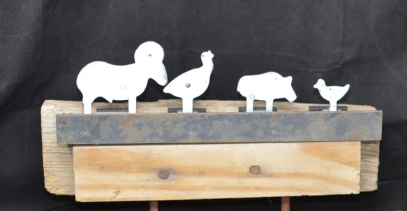 Miniature Shooting Tip Over Galley metal mounted on wood ram, chicken, pig & duck. 9" x 12" x: Miniature Shooting Tip Over Galley metal mounted on wood ram, chicken, pig & duck. 9" x 12" x 3"