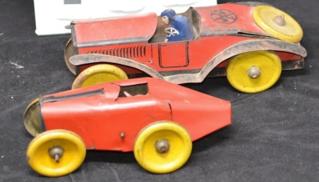Two Marxs Tin Wind Up Racers: tin litho red & black w/ yellow tires w/ blue driver 3" x 8" x 3"