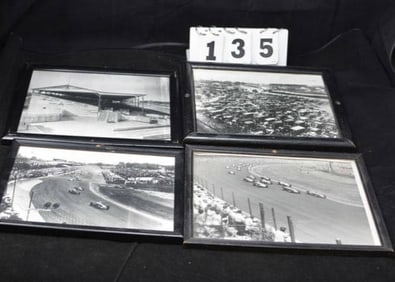 Four Vintage black & white photos of Indy  500:  Empty grandstand A, 1930's cars in  parking lot