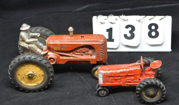 Vintage Massey Harris Tractor w/ Driver 5" x  8" x  5"  & small red die cast tractor  unmarked 4" x (1 of 4)