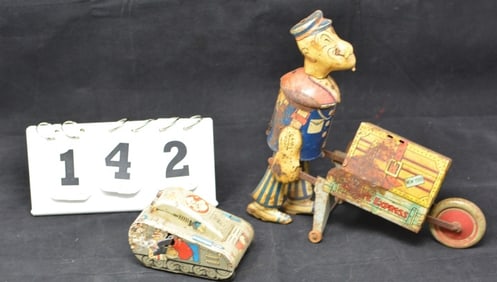 Two Popeye Litho Toys : Tin litho wind up Popeye Express some surface rust & loss of print 8" x