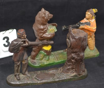 Two Cast Iron Mechanical Banks: Creedmoor w/   gentleman's foot triggering the rifle to put  the