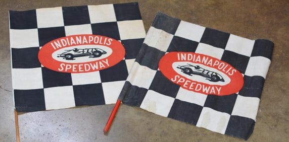 Two 1950s Souvenir Checkered Flags: one w/red  flap  stick & some staining on flag Stick  22"  Flag