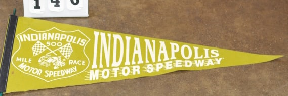 Three Vintage Indy 500 Pendants: Green white lettering w/ original green bamboo stick pendant
