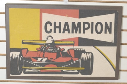 Champion Spark Plug Advertising w/ Indy Car  cork  board in metal frame 16" x 24" x .1/2"