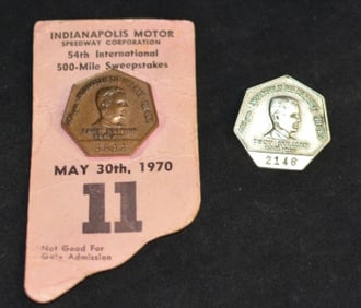 1970 Indianapolis 500 Pit Pass Badge #5593   of  Tony Hulman w/ pink Indiana shaped  backing made by