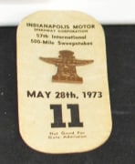 1973 Indy 500 Pit Pass Badge #S282 w/ Backing  of  wing & wheels made by Bastain Bros.,  Rochester,