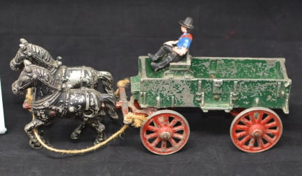 Cast Aluminum Buckboard Wagon 2 horse hitch  green  box wagon on red running gear pulled  by 2 black