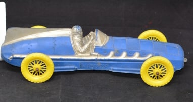Auburn Rubber Boat Tail Racer blue & silver  car  w/yellow spoke wheels good condition has  #556