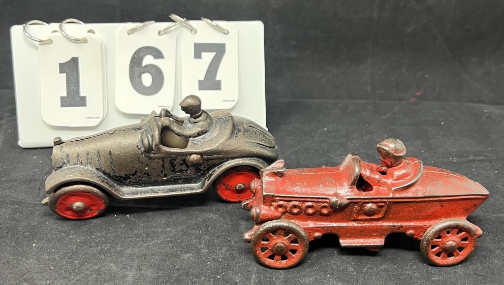 Two Cast Iron Racers: Black w/ red wheels probably AC Williams, 1920's Boat Tail Race AC Williams: Two Cast Iron Racers: Black w/ red wheels probably AC Williams, 1920's Boat Tail Race AC Williams red has 85% red paint left. On under side both has trip wedge. 3" x 6" x 2"