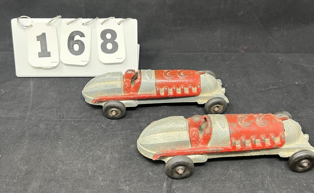 1930's Hubley Race Cars: No. 22 c/i &  aluminum  open cockpit racers has red &  silver paint rubber (1 of 8)