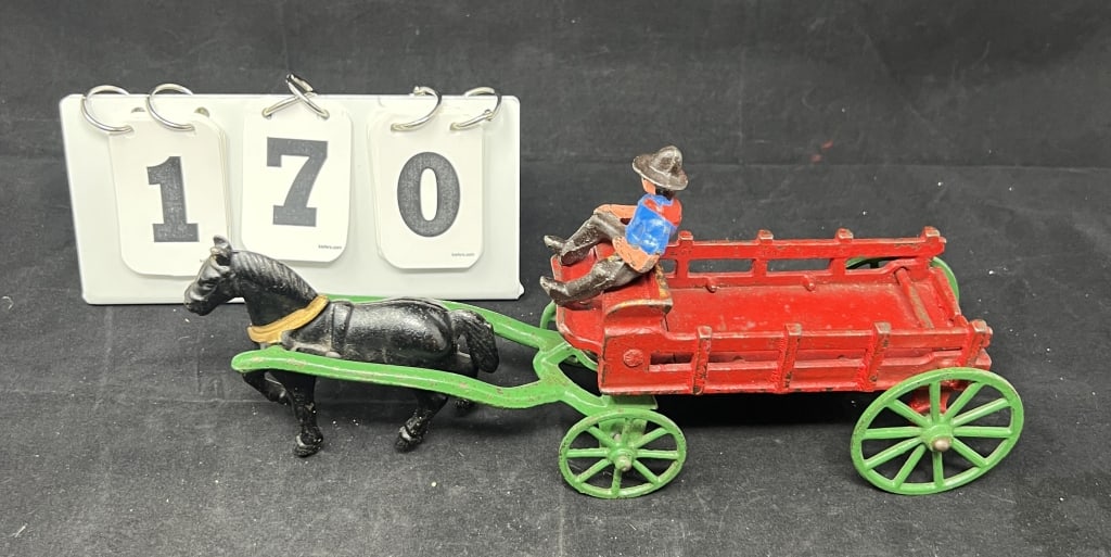 Cast Iron Horse Drawn Wagon single hitch  black  horse green running gear & red box  wagon, driver (1 of 4)