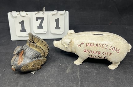 Two Cast Iron Animals Banks Pig & Turkey: Pig  WM  Moland's Son's Quaker City Hams  7.5" ,  Turkey